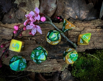 Green and Gold Polyhedral Dice Set | D&D Dice Set | Tabletop Gaming Gift | 7 Piece Dice Set |  DND Gift | Dungeons and Dragons Gift