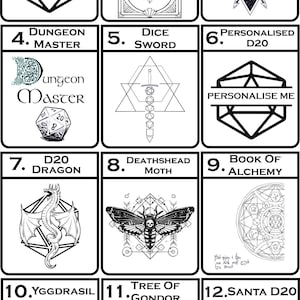 May include: A grid of twelve black and white graphic designs featuring fantasy themes. Icons include a D20 die, a sword, a skull, a moth, a dragon, a tree, and a Santa-themed die. Each square is numbered and labelled with text like Warriors Tome, Dungeon Master, and Yggdrasil.