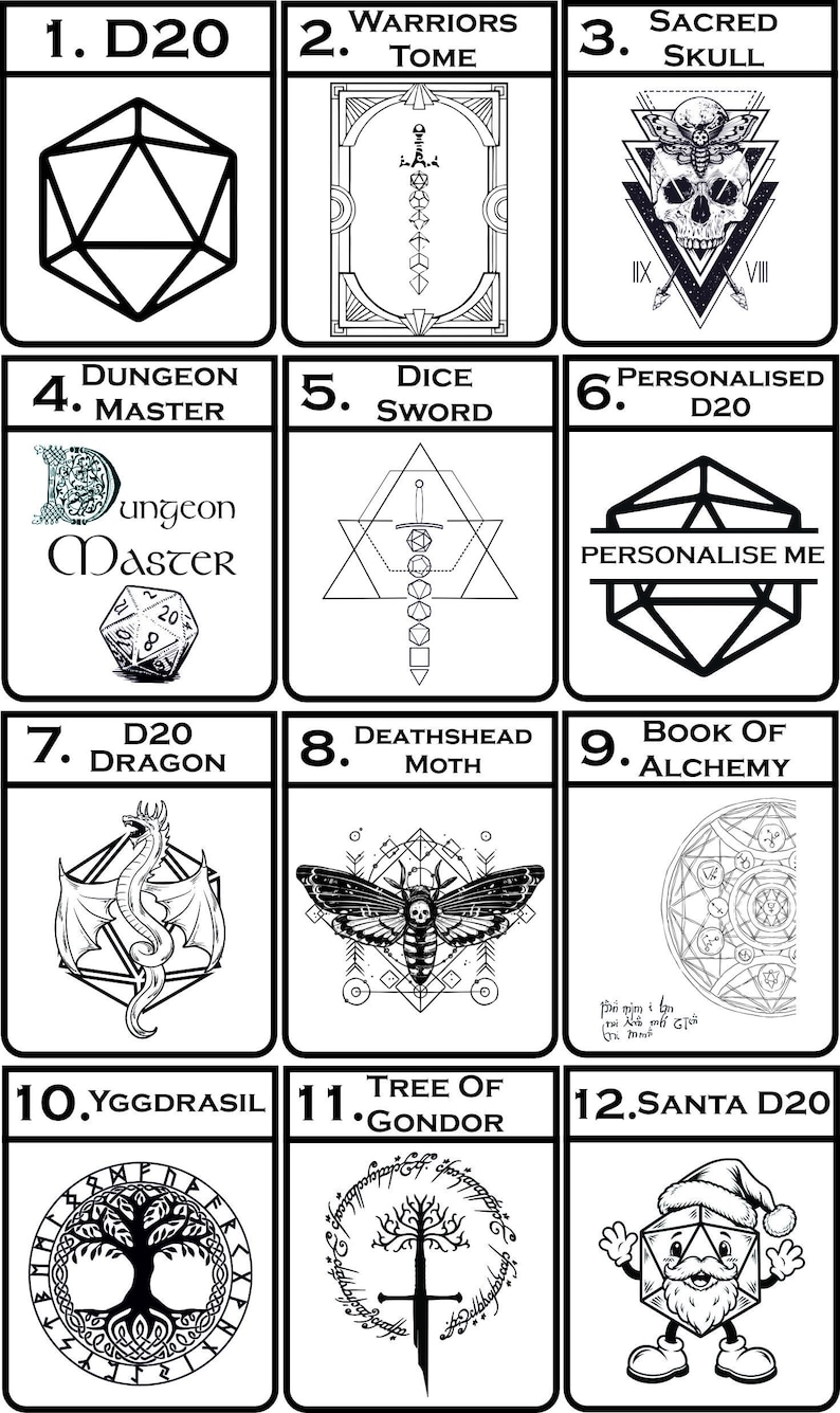 May include: A grid of twelve black and white graphic designs featuring fantasy themes. Icons include a D20 die, a sword, a skull, a moth, a dragon, a tree, and a Santa-themed die. Each square is numbered and labelled with text like Warriors Tome, Dungeon Master, and Yggdrasil.