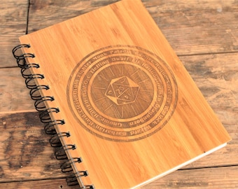 Bamboo Engraved A5 Notebook | D20 Character Wheel Design | Table Top Gaming | Dungeons and Dragons Gift | D&D Accessory | DND