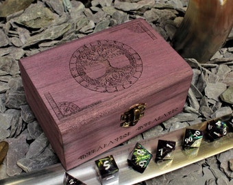 Boîte à dés en bois Arbre de vie : rangement D&D des runes vikings