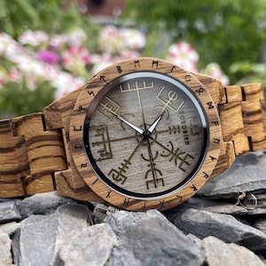 Vegvisir Design Zebrano Wooden Eco Watch With Personalised Gift Box | Viking Watch | Norse Runes Watch | Gift Idea For Him | Men&#39;s Watch