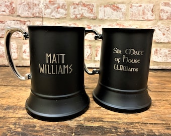 Personalized Black Tankard: Engraved Stainless Steel Beer Mug, Medieval Gift