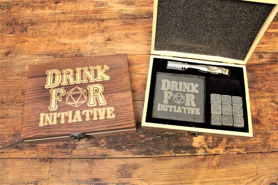 DND Drinking Set | Engraved Coasters, Dice Whiskey Stones, Geek Gift