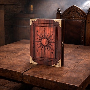 May include: A wooden book with a sun and moon design on the cover, with gold-coloured corner protectors. The book is open on a wooden table, with a dark wooden chair in the background.