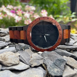 Vegvisir Design Walnut Wooden Eco Watch With Personalised Gift Box | Viking Watch | Norse Runes Watch | Men&#39;s Watch