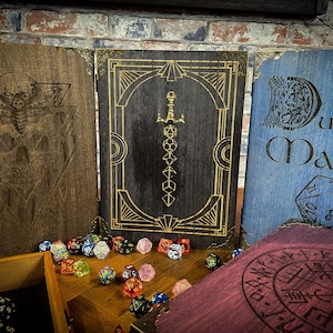 Wooden dice box and roll tray. Engraved to order in your choice of design and colour. Perfect for Dungeons and Dragons. tabletop gaming and tabletop RPG's. Made to order by Fandomonium