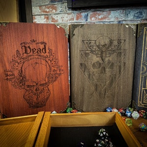 Wooden dice box and roll tray. Engraved to order in your choice of design and colour. Perfect for Dungeons and Dragons. tabletop gaming and tabletop RPG's. Made to order by Fandomonium
