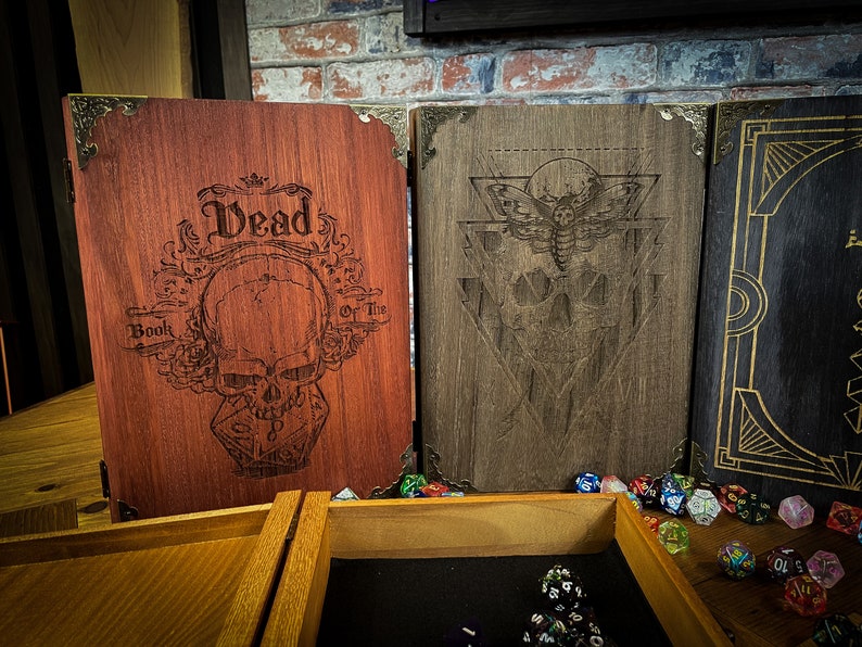 Wooden dice box and roll tray. Engraved to order in your choice of design and colour. Perfect for Dungeons and Dragons. tabletop gaming and tabletop RPG's. Made to order by Fandomonium