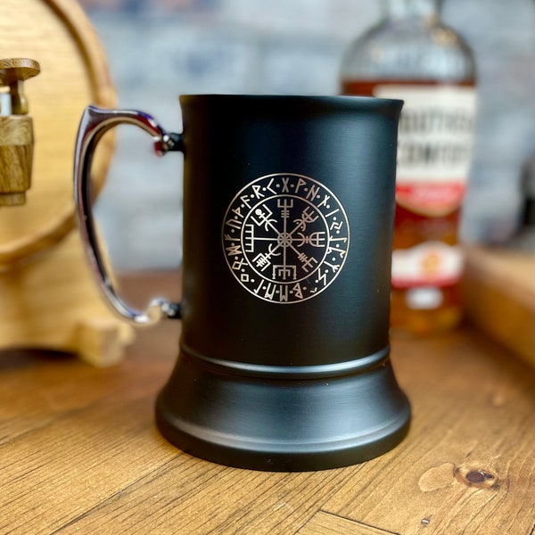 Personalised Viking Style Engraved Stainless Steel Tankard | Viking Compass| Personalised Gift For Him | Unique Drinking Gift | Beer Mug