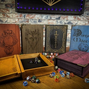 Wooden dice box and roll tray. Engraved to order in your choice of design and colour. Perfect for Dungeons and Dragons. tabletop gaming and tabletop RPG's. Made to order by Fandomonium