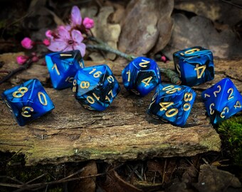 Blue Black Marble Polyhedral Dice Set | D&D Dice Set | Tabletop Gaming Gift | 7 Piece Dice Set |  DND Gift | Dungeons and Dragons Gift