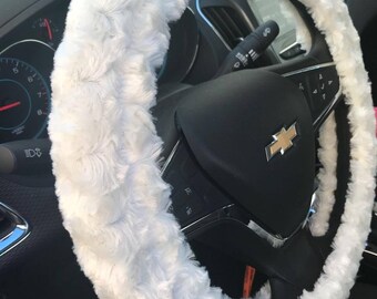 Steering Wheel Cover, Super Soft Minky White Rose Bud Wheel Cover Car Accessories, Women's Wheel Cover