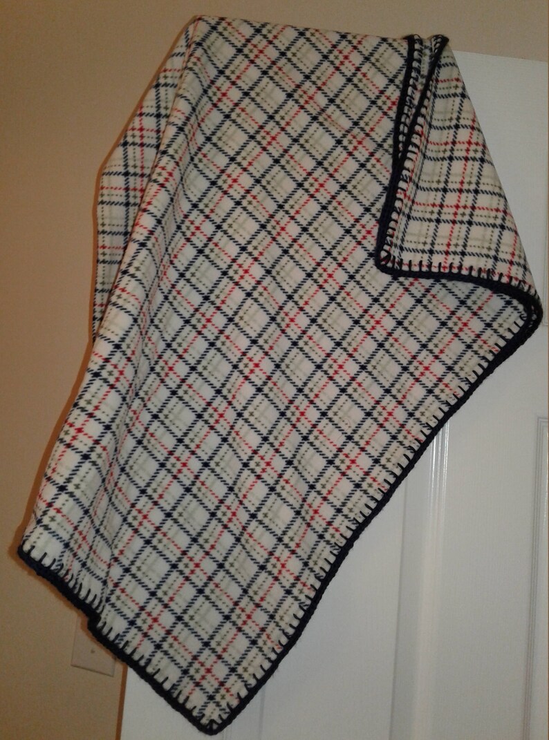 Hand Crafted Red and Blue Plaid Fleece Crib Baby Blanket