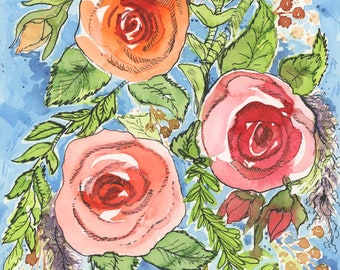 Fine Art Print - Peach Orange Roses Trio Watercolor