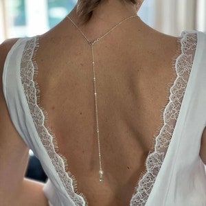 Backless wedding necklace dressed in white pearly pearls with silver zircon rhinestones - wedding jewelry with many colors.