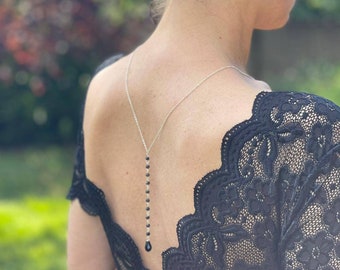 Collier de dos nu mariage- bijou de dos noir et argenté- robe dos ouvert-bijou de dos mariée- soirée- cocktail- chaîne perlée noire.