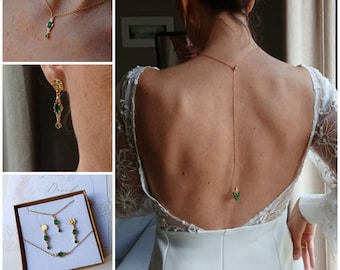 Emerald green backless necklace- green and gold backless jewelry- wedding necklace and set- bohemian jewelry.