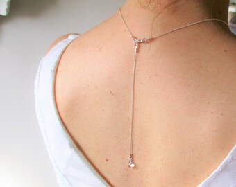 Collar back jewel back wedding, silver plated snake chain necklace and pendant back drop shaped, swarovski crystal.