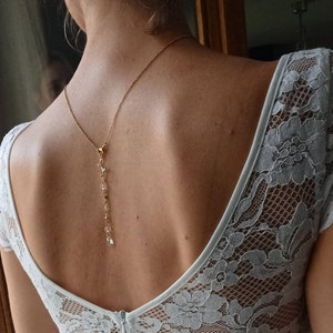 Backless bridal jewelry - crystal pearls and gold chain - short backless.