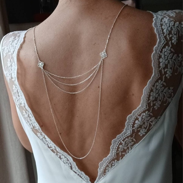 Bijou de dos argenté- multi chaînes- collier de mariée- bijou chic et bohème.