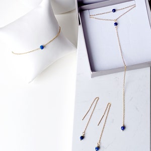 Parure de mariée avec collier de dos bracelet pendantes d'oreilles bijoux à pierres bleues Lapis-lazuli ou Apatites parure minimaliste. image 7