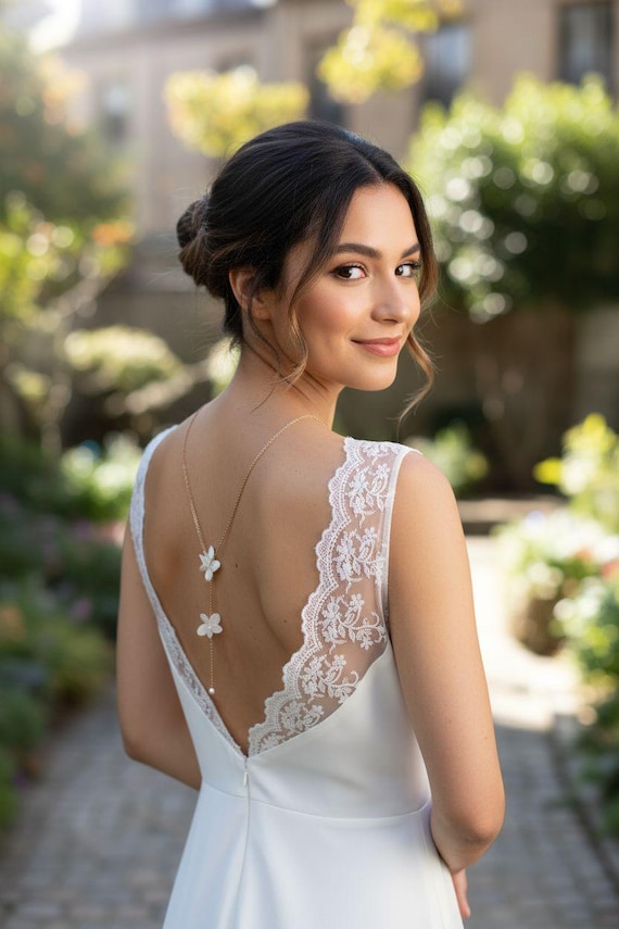 Backless necklace with White flowers and gold steel chain - Backless jewelry with preserved hydrangea flowers - range of colours to choose from.