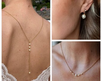 Bridal backless necklace with three pearls - back jewel with gold or silver earrings - trendy and chic wedding jewelry.