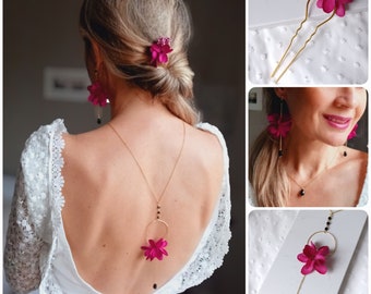 Plant wedding set - dried Hydrangea flower jewelry - back necklace + pendants + hair accessory - fuchsia flower set.