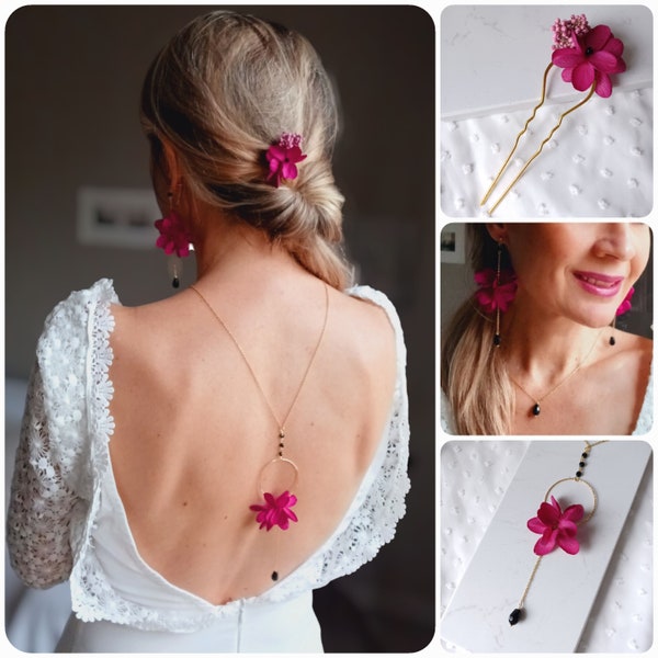 Parure de mariage végétale- bijoux à fleurs d'Hortensias séchés- collier de dos + pendantes + accessoire coiffure- parure à fleurs fuchsia.