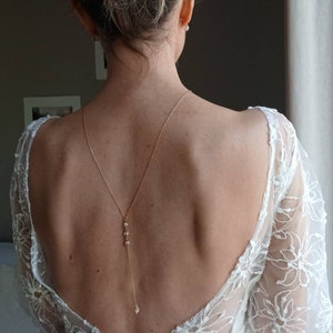 Collier dos nu mariage-parure trois bijoux avec perles en strass bijoux de dos mariage. image 5