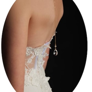 Thin back necklace with crystal drop - chic and bohemian wedding back jewelry.
