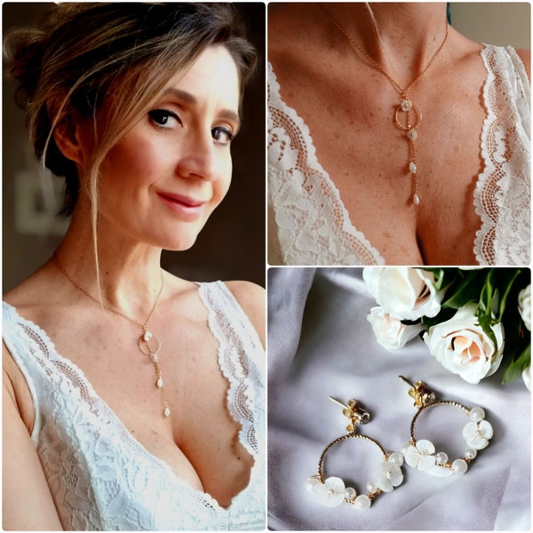 Collier de mariée avec petites fleurs en nacre naturelle- bijoux de mariage pour mettre en valeur un décoletté de buste- bijoux en acier or.