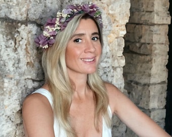 Couronne de fleurs naturelles stabilisées pour la mariée ou demoiselle d'honneur- coiffure de mariage bohème, champêtre et bucolique.