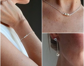 Bridal set - Three jewels - necklace + bracelet + dangling earrings - Silver jewelry - complete set - minimalist and chic.
