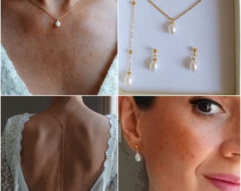 Bridal set - backless jewelry with cultured pearls + ear studs - wedding jewelry in stainless gold steel.