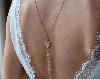 Hochzeits-Rückenhalskette – wassergrüne Perlenkette – schicker und boho Hochzeits-Rückenschmuck.