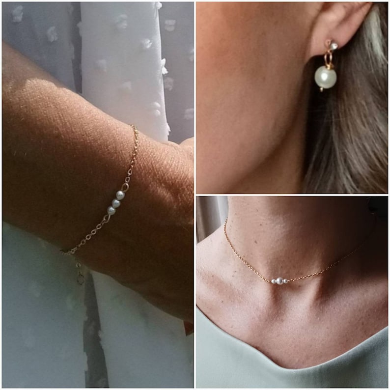 Parure mariage de trois bijoux dorés avec petites perles blanches bijoux de mariée bohèmes. image 1