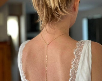 Bridal back necklace, fine gold-plated brass chain and small Preciosa pearly glass beads, white or ivory color.