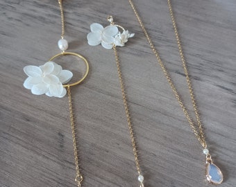 Collier de dos amovible mariage avec fleurs séchées crème- Hortensias eternels avec pendentifs gouttes sertis-bijou de dos tendance fleuri.