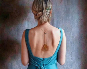 Backless wedding or bridesmaid necklace, gold lotus flowers, original removable boho, country and bucolic trendy jewelry.