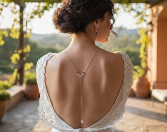 Silver bridal necklace with royal blue pearls and pale blue drop - Boho wedding jewelry, back necklace and earrings.