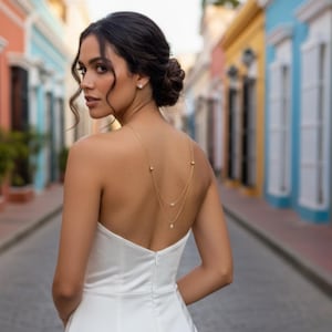 Puede incluir: Una mujer con un vestido de satén blanco y un delicado collar de oro con tres hilos, con pequeñas cuentas y un colgante de perla. La mujer mira por encima del hombro, con una calle colorida al fondo.