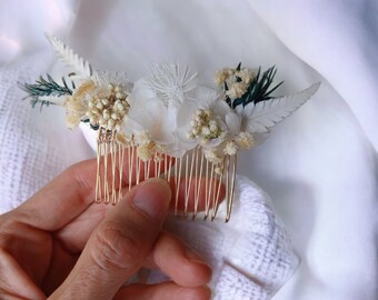 Peigne de fleurs blanches, broche de cheveux à fleurs fraîches stabilisées, coiffure de mariée bohème, champêtre et bucolique.