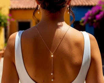 Brautschmuckset mit weißen Perlmuttperlen – Halskette ohne Verschluss zum Überstreifen – Abnehmbare Ohrringe und Armband.