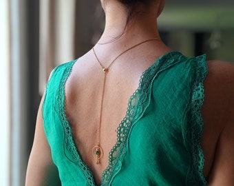 Collier de dos nu amovible vert émeraude, bijou dos nu vert émeraude et or, collier de mariage et évènementiel pour dos nu.