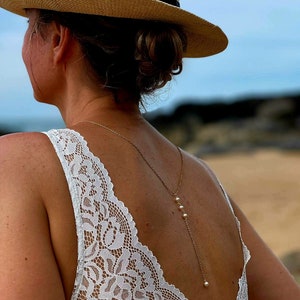 Gold chain backless necklace with Purecrystal white pearl beads, jewelry for wedding dress or open back jumpsuit, boho wedding