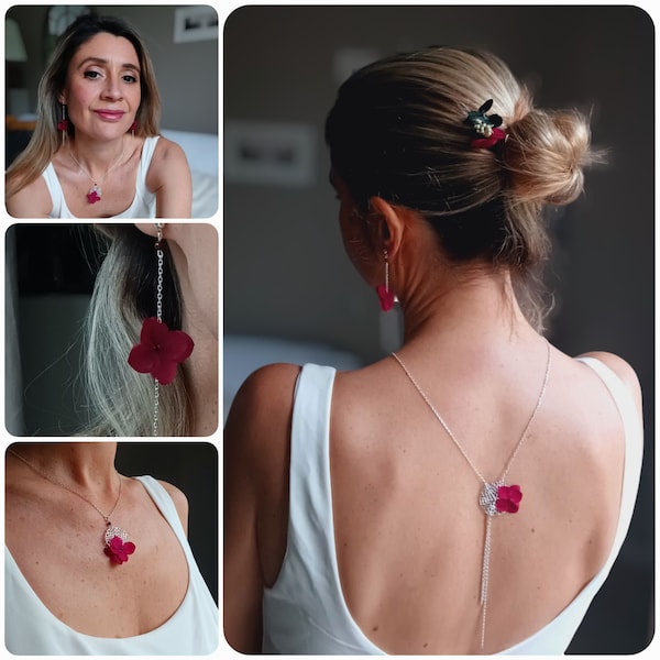 Parure de mariée végétale- argent et fleurs d'Hortensias séchés- collier de dos + pendantes + épingle chignon parure à fleurs bordeaux.