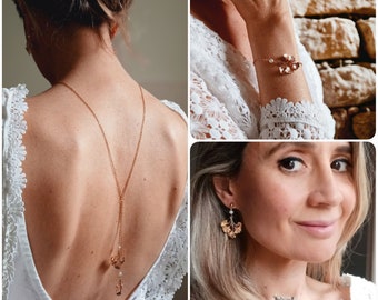 GINKO-Parure mariage de trois bijoux- collier dos nu + bracelet + pendantes d'oreilles- bijoux de mariage dorés et blanc naturel.