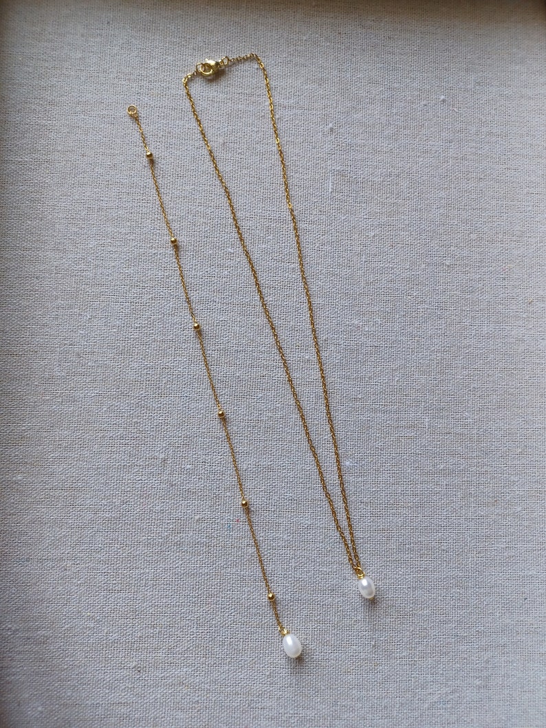 Parure de mariée bijou de dos nu avec perles de culture puces d'oreilles bijoux de mariage en acier doré inoxydable. image 6